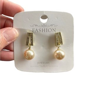 Oversized Champagne Pearl and Rhinestone Drop Style Earrings